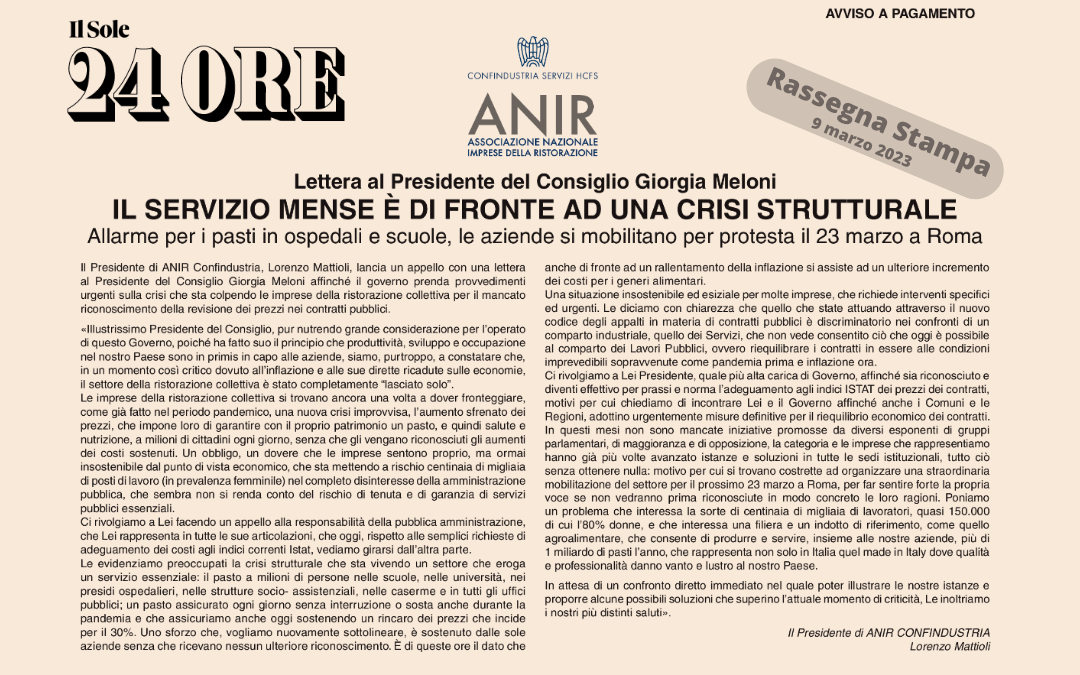 Anir Confindustria scrive alla Presidente Meloni: il 23 marzo a Roma, mobilitazione delle aziende della ristorazione collettiva